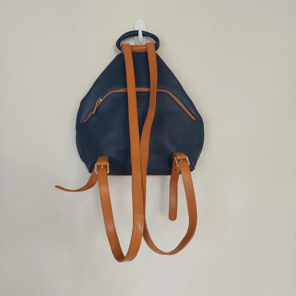 Valentina‎ Italian Leather Navy Tan Convertible Backpack Purse Top Handle Bag